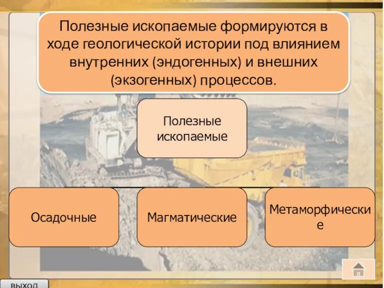 Полезные ископаемые формируются в ходе геологической истории под влиянием внутренних (эндогенных) и внешних (экзогенных) процессов. выход