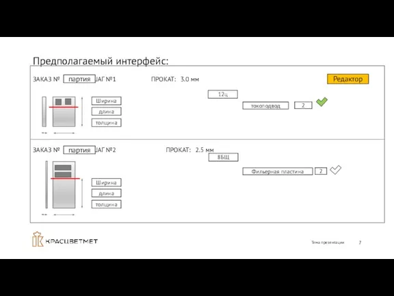 Предполагаемый интерфейс: Тема презентации ЗАКАЗ № ШАГ №1 ПРОКАТ: 3.0 мм ЗАКАЗ