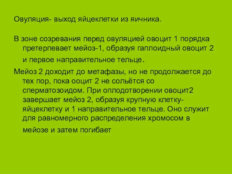 Овуляция- выход яйцеклетки из яичника. В зоне созревания перед овуляцией овоцит 1