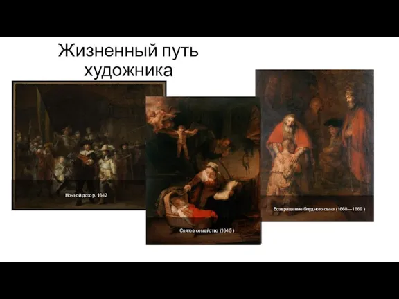 Возвращение блудного сына (1668—1669 ) Жизненный путь художника Ночной дозор. 1642 Святое семейство (1645 )