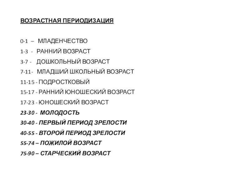 ВОЗРАСТНАЯ ПЕРИОДИЗАЦИЯ 0-1 – МЛАДЕНЧЕСТВО 1-3 - РАННИЙ ВОЗРАСТ 3-7 - ДОШКОЛЬНЫЙ