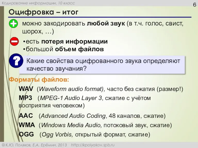 Оцифровка – итог можно закодировать любой звук (в т.ч. голос, свист, шорох,