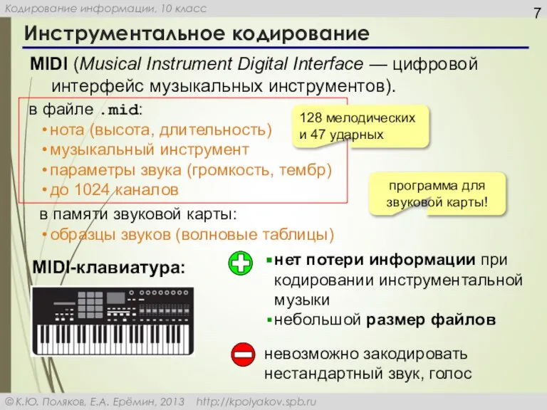 Инструментальное кодирование MIDI (Musical Instrument Digital Interface — цифровой интерфейс музыкальных инструментов).