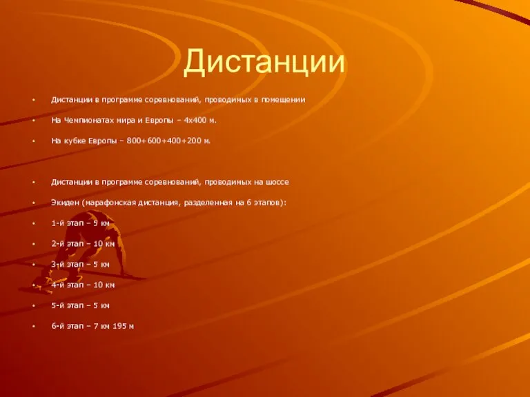 Дистанции Дистанции в программе соревнований, проводимых в помещении На Чемпионатах мира и