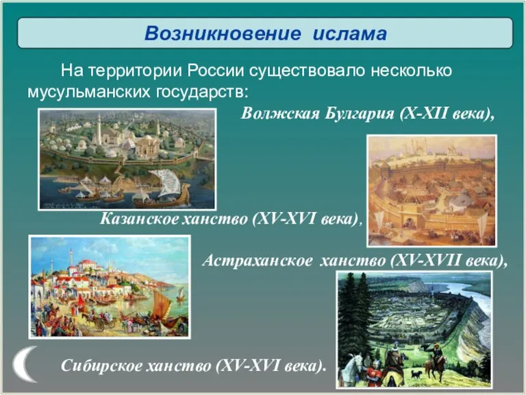 Возникновение ислама На территории России существовало несколько мусульманских государств: Волжская Булгария (X-XII