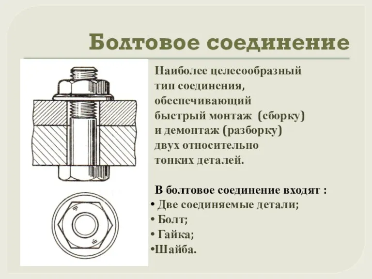 Болтовое соединение Наиболее целесообразный тип соединения, обеспечивающий быстрый монтаж (сборку) и демонтаж