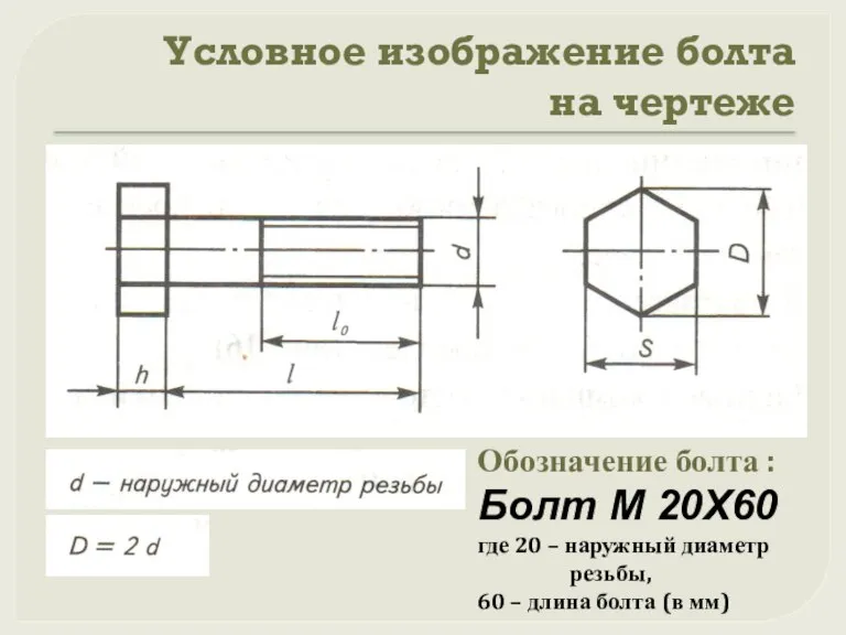 Условное изображение болта на чертеже Обозначение болта : Болт М 20Х60 где