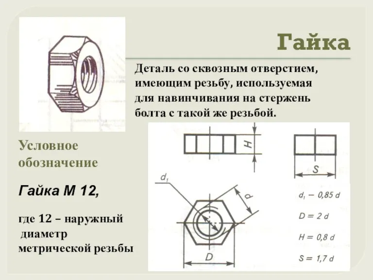 Гайка Деталь со сквозным отверстием, имеющим резьбу, используемая для навинчивания на стержень