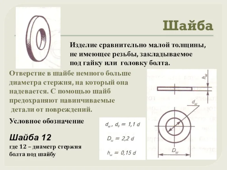 Шайба Изделие сравнительно малой толщины, не имеющее резьбы, закладываемое под гайку или