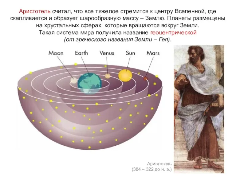 Аристотель считал, что все тяжелое стремится к центру Вселенной, где скапливается и