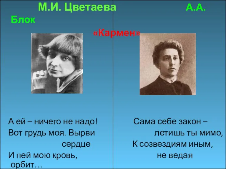 М.И. Цветаева А.А. Блок «Кармен» А ей – ничего не надо! Сама