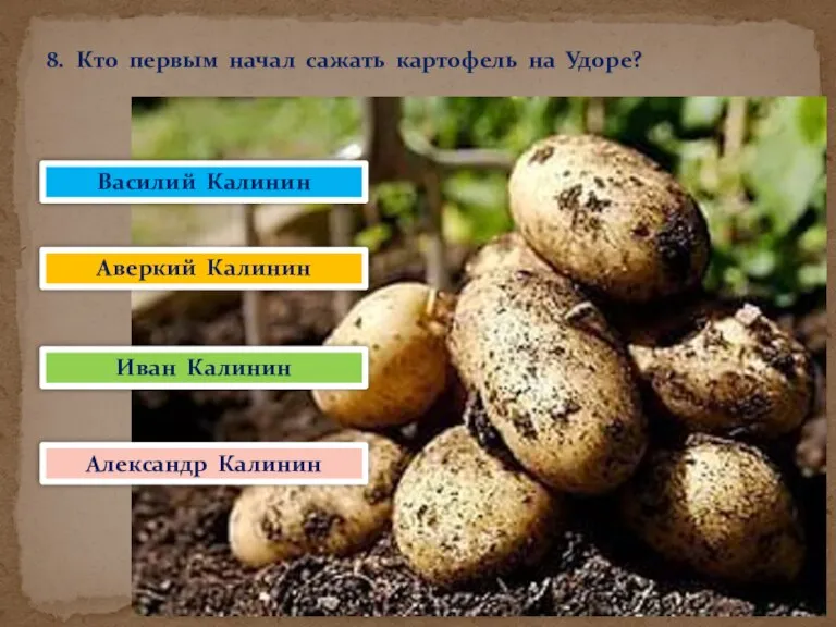 8. Кто первым начал сажать картофель на Удоре? Василий Калинин Аверкий Калинин Иван Калинин Александр Калинин