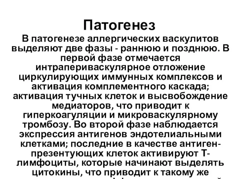 Патогенез В патогенезе аллергических васкулитов выделяют две фазы - раннюю и позднюю.