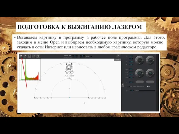 ПОДГОТОВКА К ВЫЖИГАНИЮ ЛАЗЕРОМ Вставляем картинку в программу в рабочее поле программы.