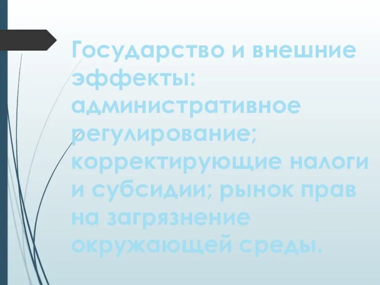 Государство и внешние эффекты: административное регулирование; корректирующие налоги и субсидии; рынок прав на загрязнение окружающей среды.