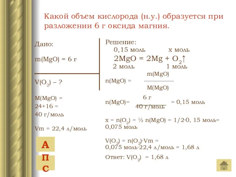 Дано: m(MgO) = 6 г V(O2) – ? M(MgO) = 24+16 =