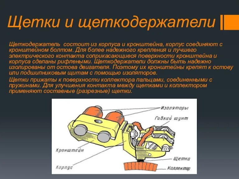 Щетки и щеткодержатели Щеткодержатель состоит из корпуса и кронштейна, корпус соединяют с