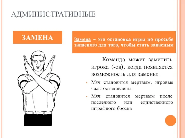 АДМИНИСТРАТИВНЫЕ Команда может заменить игрока (-ов), когда появляется возможность для замены: Мяч