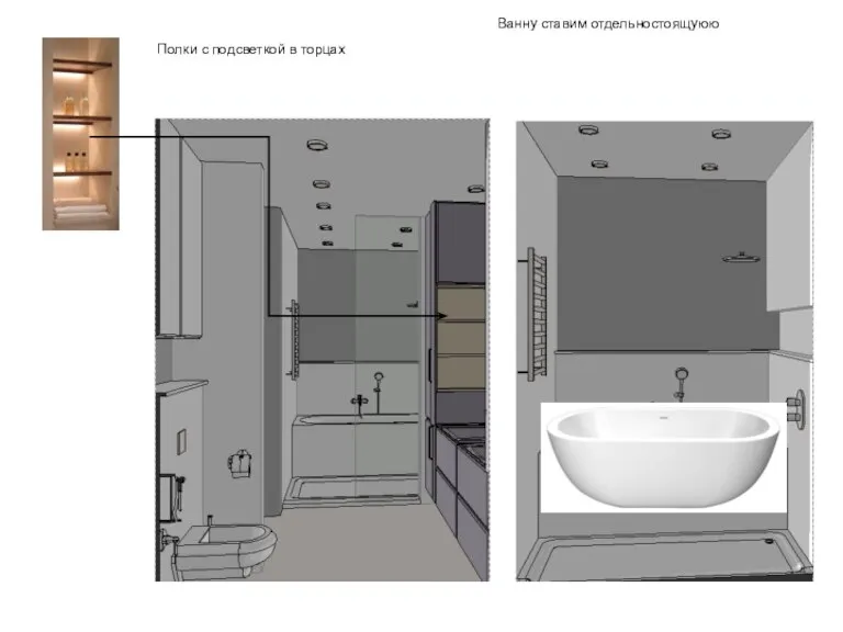 Ванну ставим отдельностоящуюю Полки с подсветкой в торцах