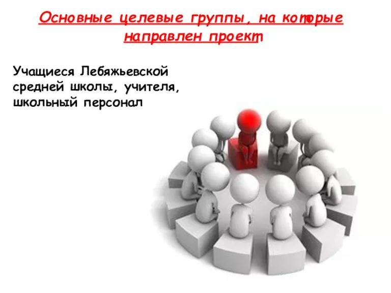 Основные целевые группы, на которые направлен проект Учащиеся Лебяжьевской средней школы, учителя, школьный персонал