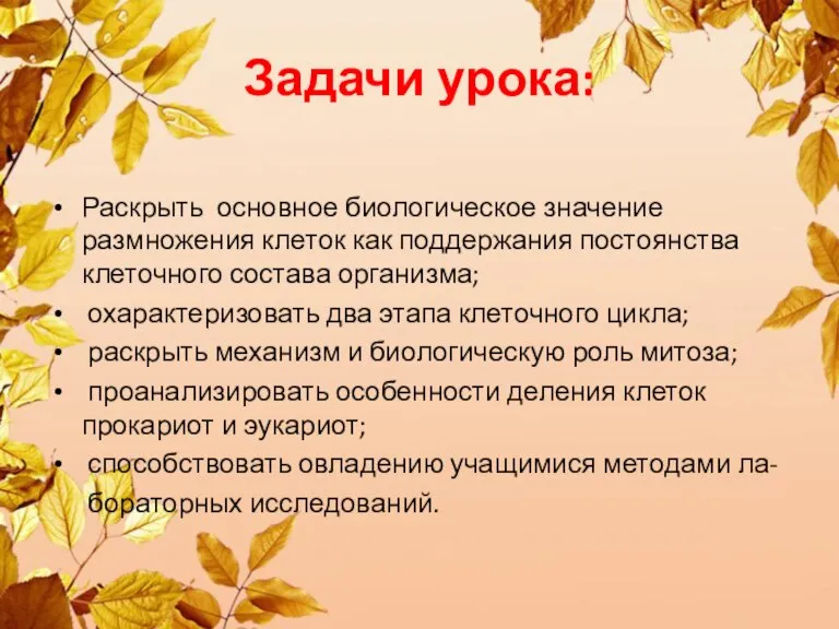 Задачи урока: Раскрыть основное биологическое значение размножения клеток как поддержания постоянства клеточного