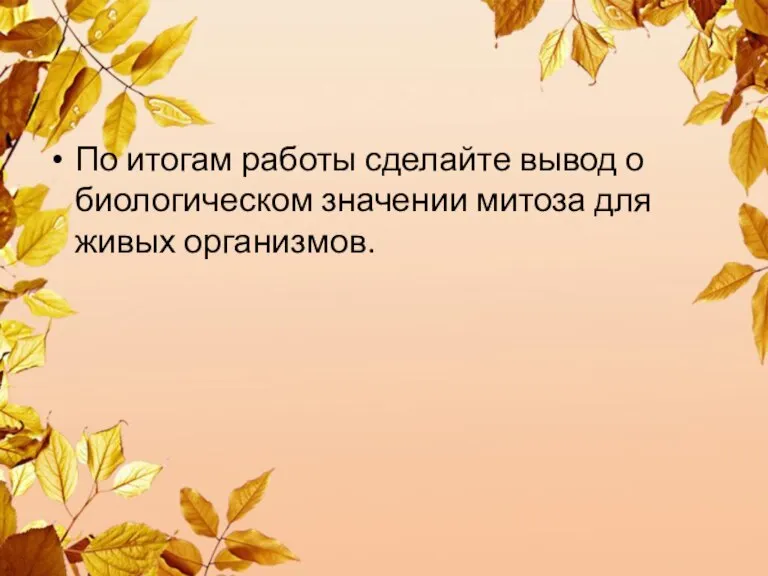 По итогам работы сделайте вывод о биологическом значении митоза для живых организмов.