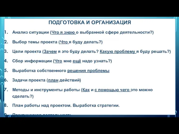 ПОДГОТОВКА И ОРГАНИЗАЦИЯ Анализ ситуации (Что я знаю о выбранной сфере деятельности?)