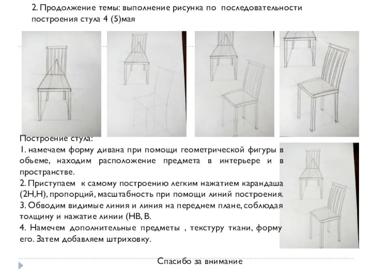 2. Продолжение темы: выполнение рисунка по последовательности построения стула 4 (5)мая Спасибо