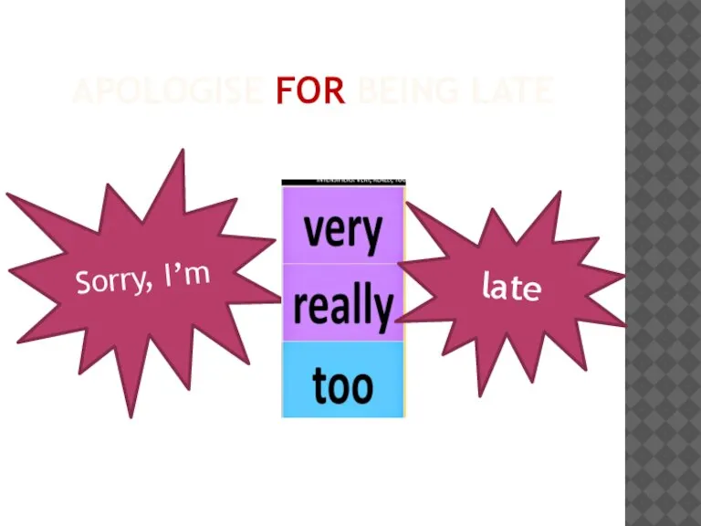 APOLOGISE FOR BEING LATE Sorry, I’m late