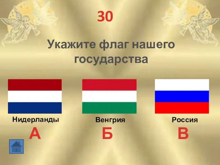 30 Укажите флаг нашего государства А Б В Нидерланды Венгрия Россия