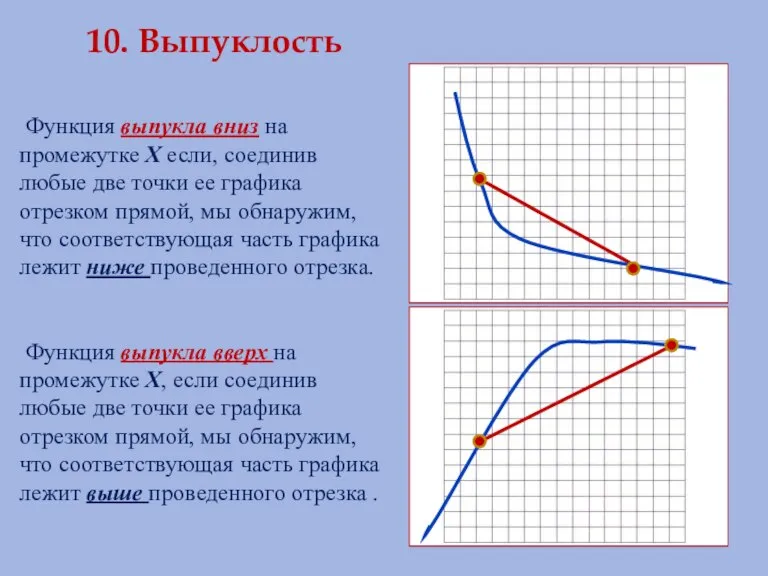 10. Выпуклость Функция выпукла вниз на промежутке Х если, соединив любые две