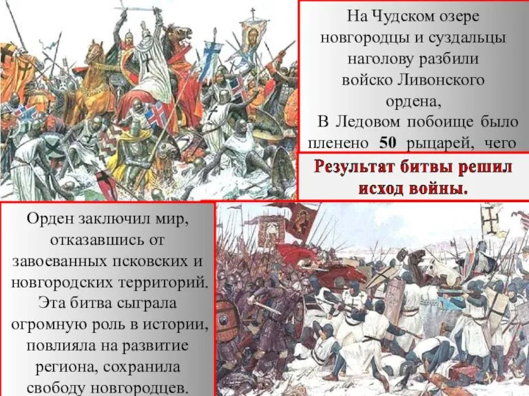 На Чудском озере новгородцы и суздальцы наголову разбили войско Ливонского ордена, В