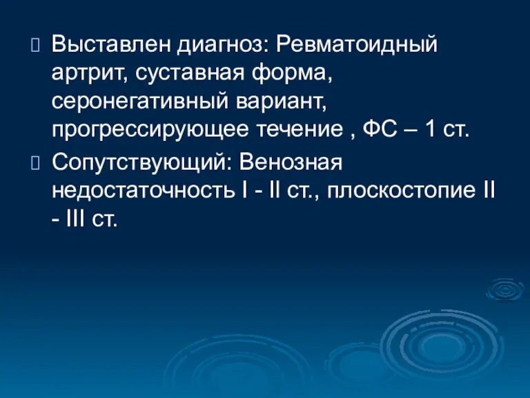 Выставлен диагноз: Ревматоидный артрит, суставная форма, серонегативный вариант, прогрессирующее течение , ФС