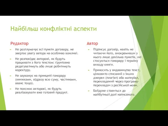 Найбільш конфліктні аспекти Редактор Не розтлумачує всі пункти договору, не звертає увагу