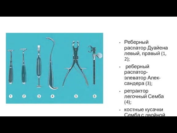 Реберный распатор Дуайена левый, правый (1, 2); реберный распатор-элеватор Алек-сандера (3); ретрактор