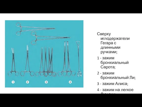 Сверху иглодержатели Гегара с длинными ручками; 1 - зажим бронхиальный Сарота; 2