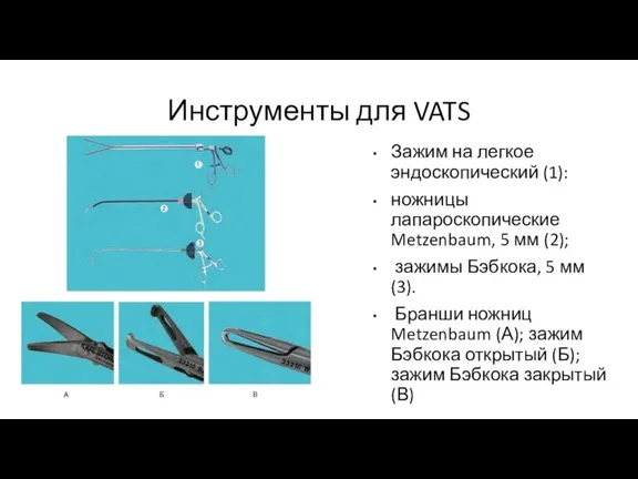 Инструменты для VATS Зажим на легкое эндоскопический (1): ножницы лапароскопические Metzenbaum, 5