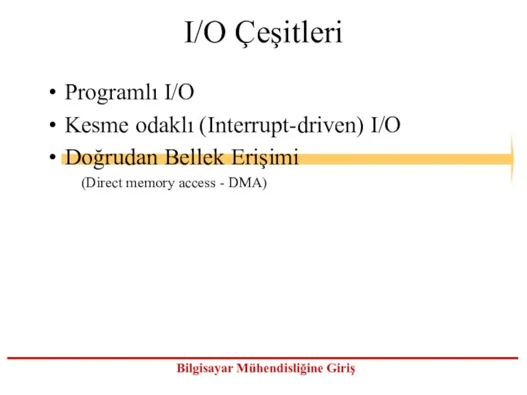 I/O Çeşitleri Programlı I/O Kesme odaklı (Interrupt-driven) I/O Doğrudan Bellek Erişimi (Direct memory access - DMA)