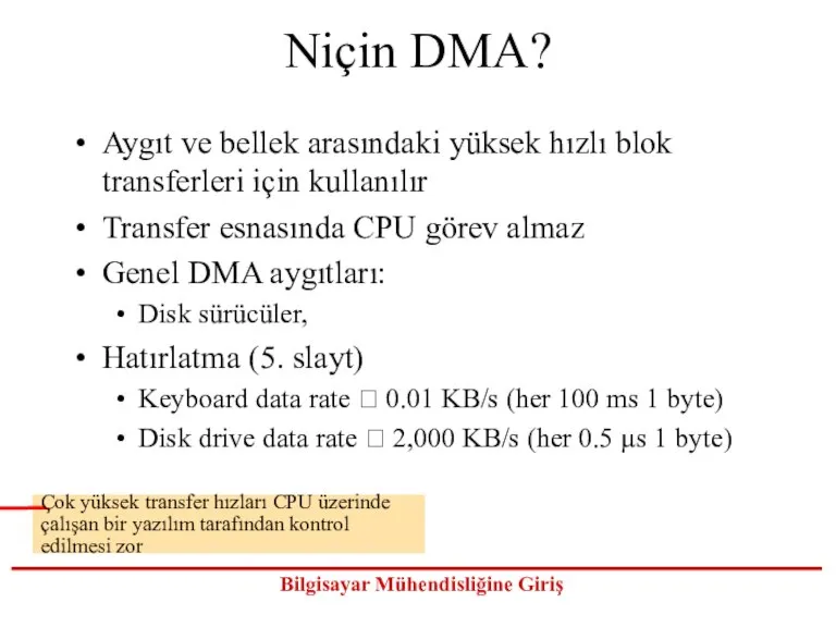 Niçin DMA? Aygıt ve bellek arasındaki yüksek hızlı blok transferleri için kullanılır