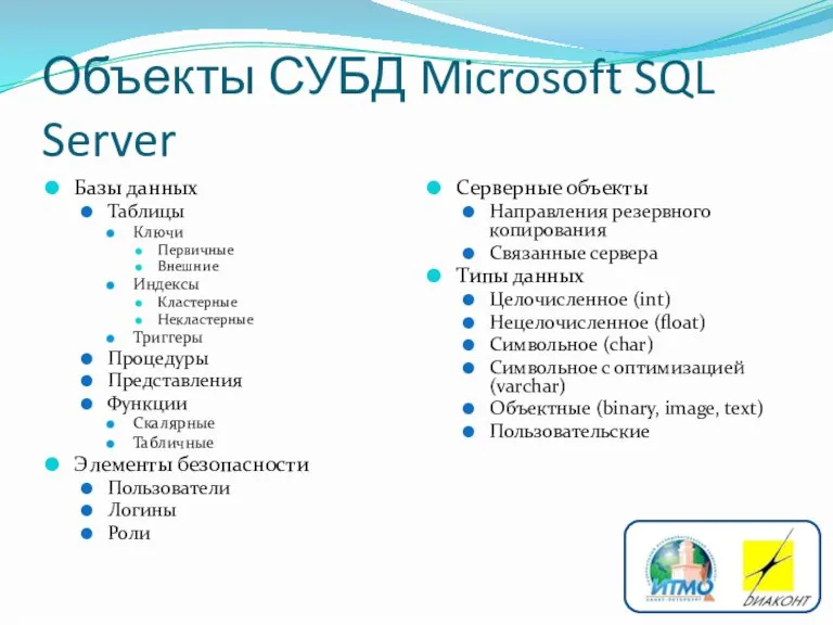 Объекты СУБД Microsoft SQL Server Базы данных Таблицы Ключи Первичные Внешние Индексы