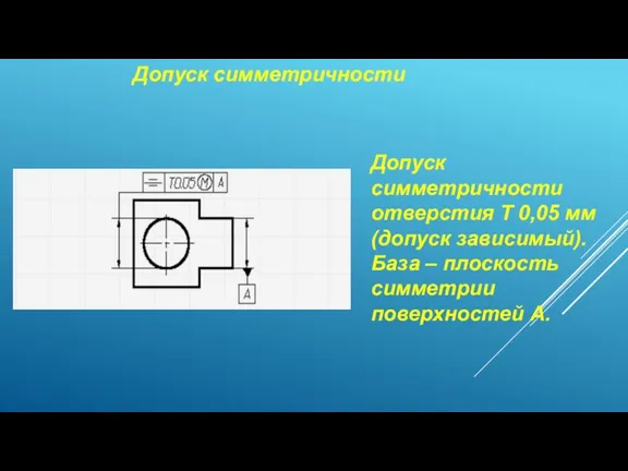 Допуск симметричности Допуск симметричности отверстия Т 0,05 мм (допуск зависимый). База – плоскость симметрии поверхностей А.