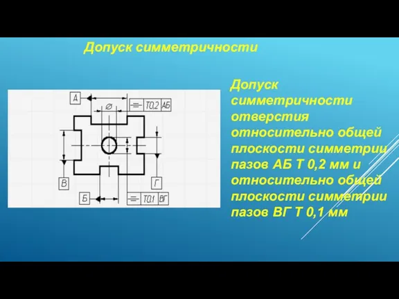 Допуск симметричности Допуск симметричности отверстия относительно общей плоскости симметрии пазов АБ Т