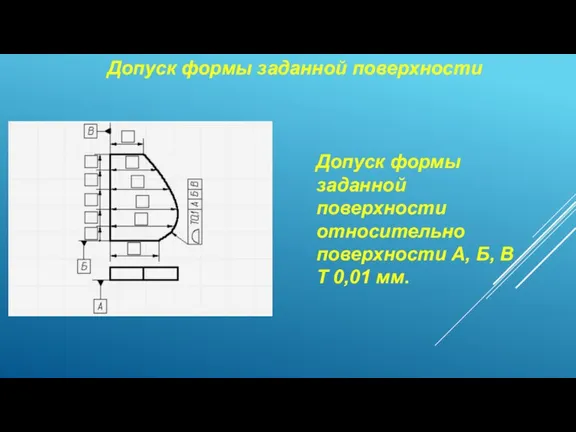 Допуск формы заданной поверхности Допуск формы заданной поверхности относительно поверхности А, Б, В Т 0,01 мм.