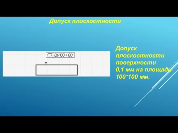 Допуск плоскостности Допуск плоскостности поверхности 0,1 мм на площади 100*100 мм.