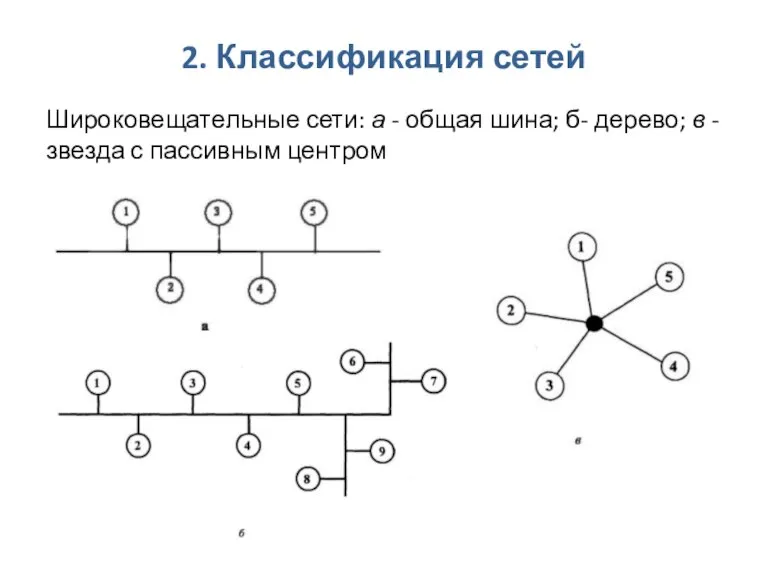 2. Классификация сетей Широковещательные сети: а - общая шина; б- дерево; в