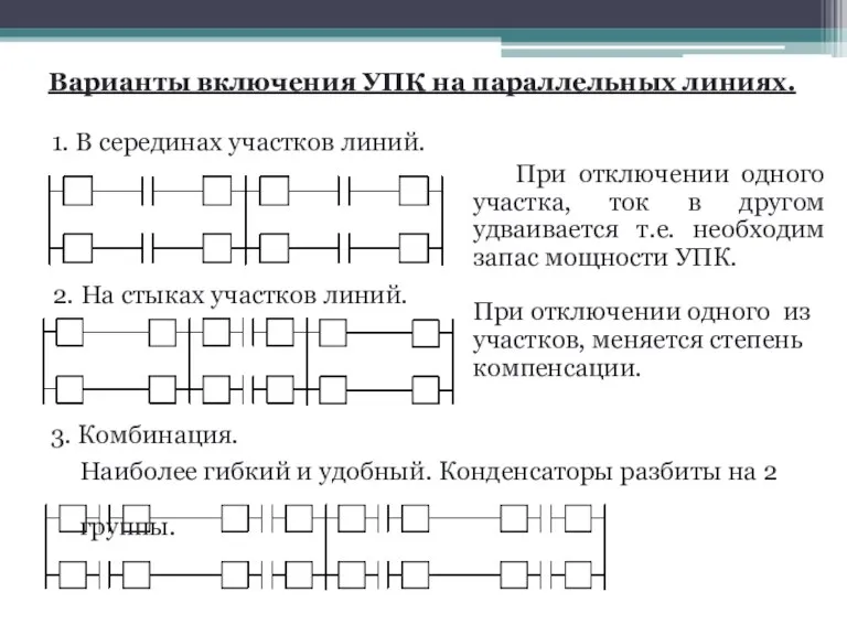 Варианты включения УПК на параллельных линиях. 1. В серединах участков линий. 2.