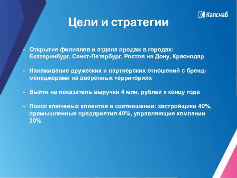 Цели и стратегии Открытие филиалов и отдела продаж в городах: Екатеринбург, Санкт-Петербург,