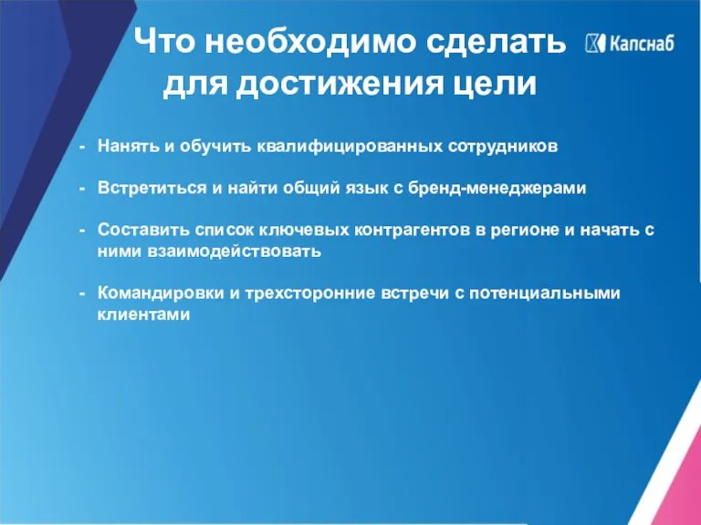 Что необходимо сделать для достижения цели Нанять и обучить квалифицированных сотрудников Встретиться