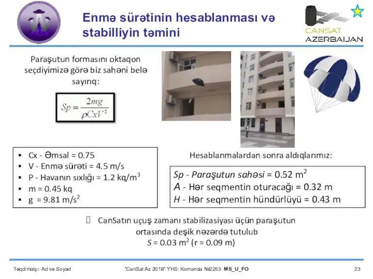 Təqdimatçı: Ad və Soyad “CanSat Az 2018” YHS: Komanda №2253 MS_U_FO Enmə