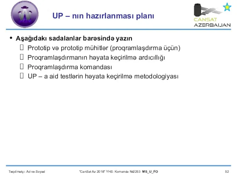 Təqdimatçı: Ad və Soyad “CanSat Az 2018” YHS: Komanda №2253 MS_U_FO UP